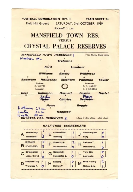 Mansfield Town v Crystal Palace Reserves Programme 3.10.1959