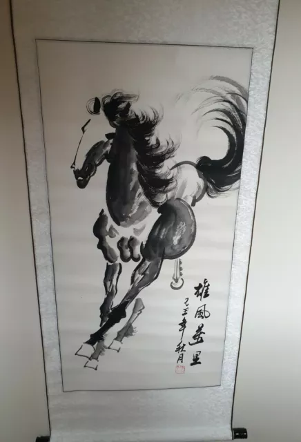 Antique Traditional Chinese Ink Painting Running Black Horse in Long Scroll