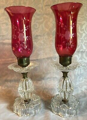 Vintage/Antique~Clear Pressed Glass & Red Etched Huricane Shade Candle Lamp Pair