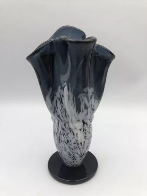 Art Glass BLACK & White Handkerchief Ruffle FOOTED Hand blown Vase 6” Gothcore