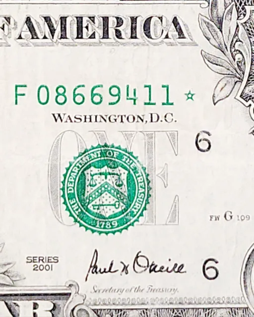 Star Note Shift Error Green Seal And Serial Number Printed Two Far Down, 2001 $1
