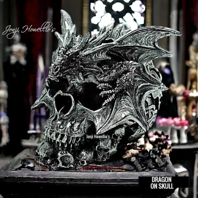 Silver Black Skull Dragon Sculpture Ornament Large Figurine Fantasy Myth Home