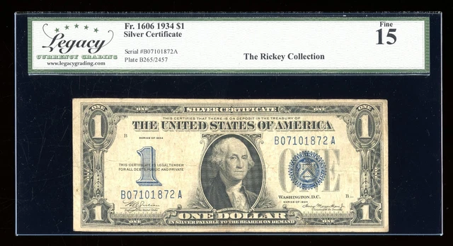 DBR 1934 $1 Silver Funnyback Fr. 1606 BA Block Legacy 15 Serial B07101872A
