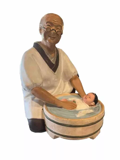 Rare Vintage Hakata Urasaki Clay Figurine Baby  Bathing In Tub By Elderly Man