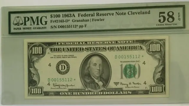 1963A $100 Pmg58 Epq Choice About Unc Fed Reserve Note *Star*  Cleveland    9039