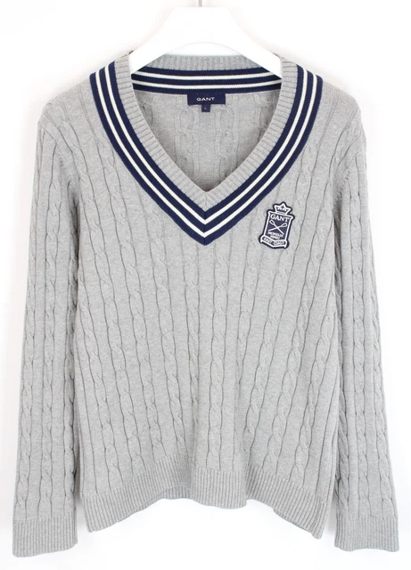 Gant Maglione Uomo ~ Medio Treccia Doppia a Righe Bordo Logo Melange Toppa