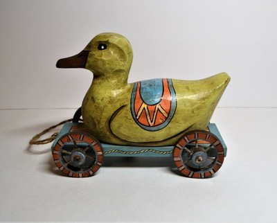 Vintage Hand Carved And Painted Wooden Duck Folk Fine art Pull Toy on Wheeled Cart. 4
