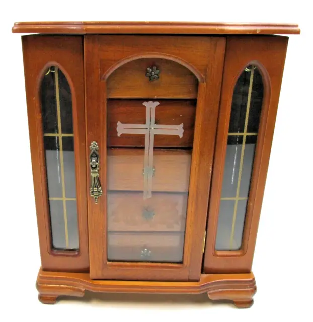 Religious Christian Jewelry Box Wood Glass Cross