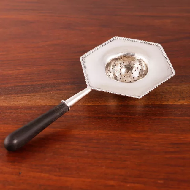American Sterling Silver Tea Strainer Hexagonal Beaded Rim Bowl,Wooden Handle