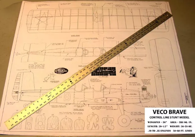 Model Airplane Plans (UC): Vintage Veco Brave 36" Stunt .19-.35 2