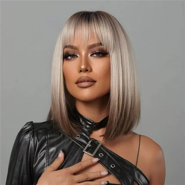 Short Straight Synthetic Wigs for Women Blonde to Brown Ombre Bob Wig with Bangs