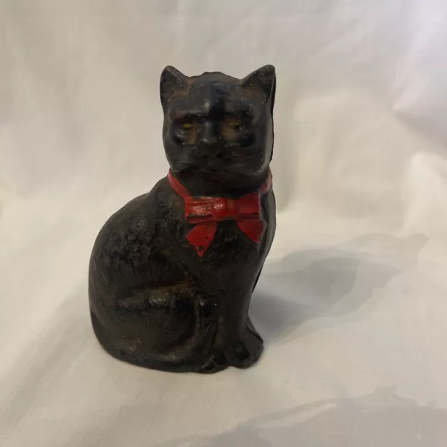 Vintage Black Cast Iron Cat with Red Bow, Metal Coin Bank