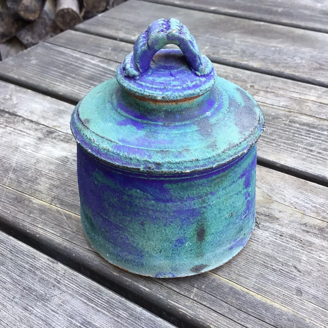Small Contemporary Studio Pottery Blue Lidded Jar Pot Urn Makers Mark To Base