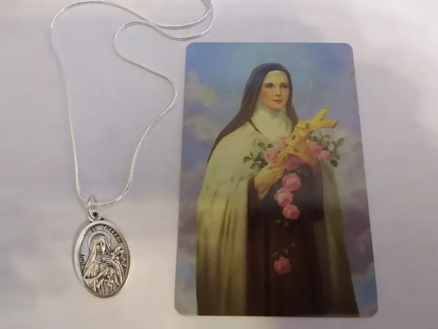 St Therese Pray for Us Medal 925 Sterling Silver Chain Necklace Prayer card lot