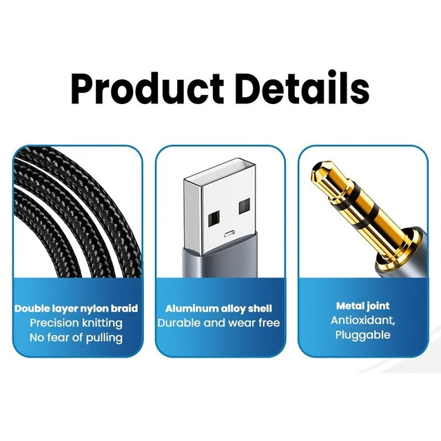 USB A to 3.5 Jack Adapter Wire USB to 3.5mm Male to Male Aux Line Audio Cable 3