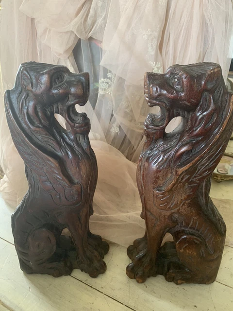 Pair of Antique Lion Wooden Corbels Balusters Architectural Salvage