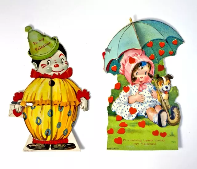 2 Honeycomb Tissue Foldout Valentine Cards Clown & Girl with Umbrella Germany 3D