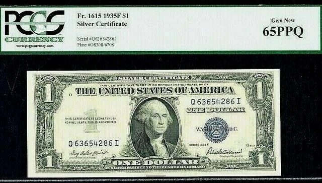 Fr.1615 $1.00 1935-F SILVER CERTIFICATE Q63654286I PCGS 65 PPQ GEM UNCIRULATED!!