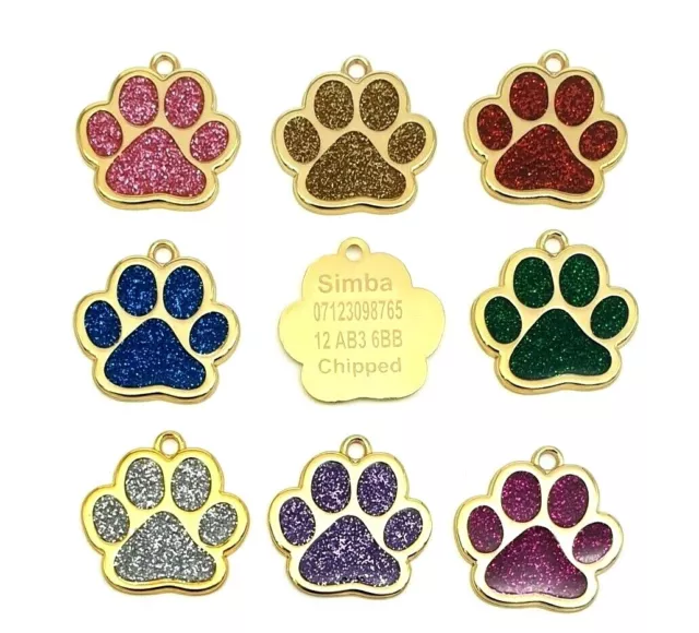 Dog Cat Pet Tag Personalised Engraved Collar ID Tags Glitter Paw Print