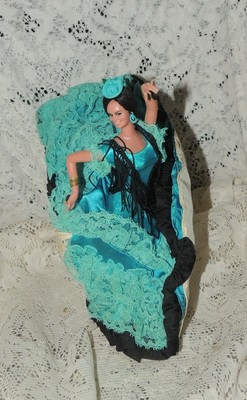 10" Vintage Marin Chiclana Spanish Doll Flamenco Dancer Aqua & Black Gown Model