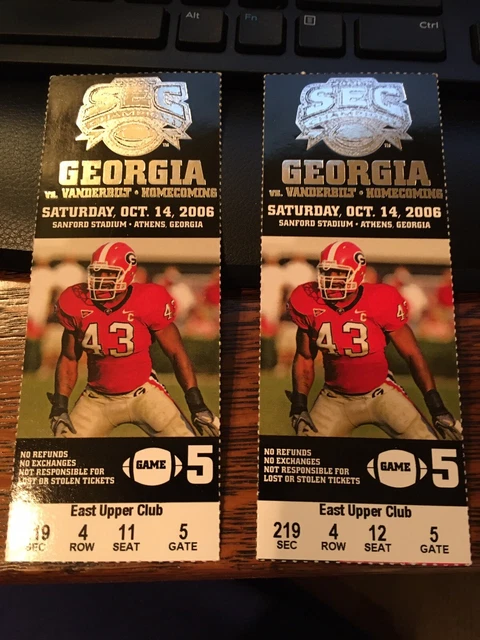 Two October 2006 UGA  Athens Georgia Bulldog Tickets:  Georgia vs. Vanderbilt 