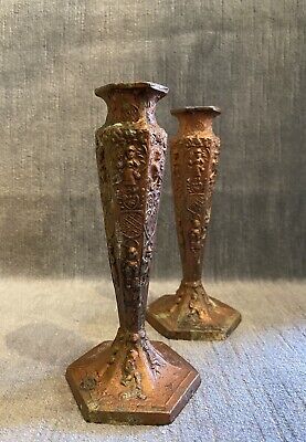 Pair Of Vintage Copper 7” Candlesticks With Intricate Detail And Patina