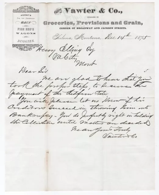 1875 Vawater Co Letterhead Groceries Provisions Grain Bain Fish Bro Wagons