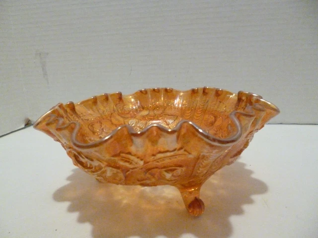 Vintage Imperial Marigold Carnival Three Footed Open Rose Fluted Bowl