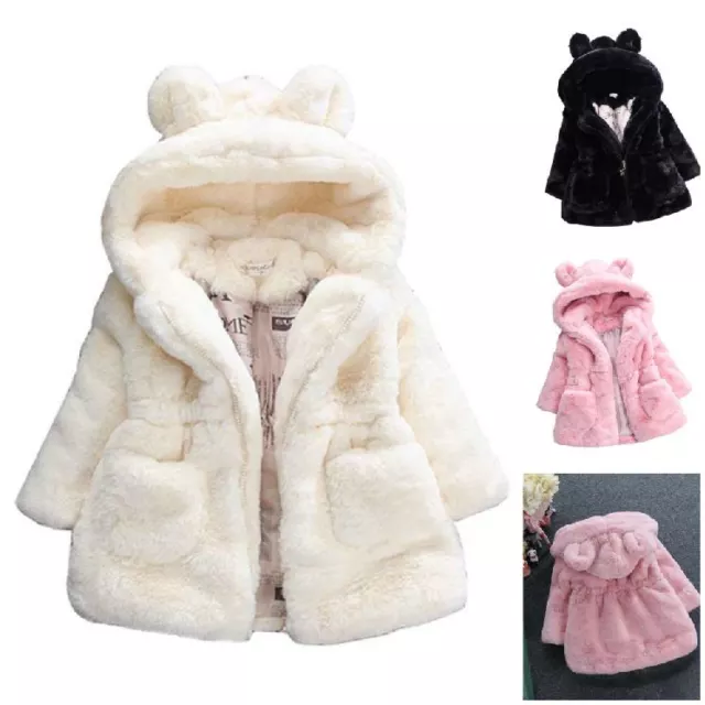Soft Winter Baby Girls Hooded Faux Fur Coat Casual Autumn Jacket Kids Clothes UK