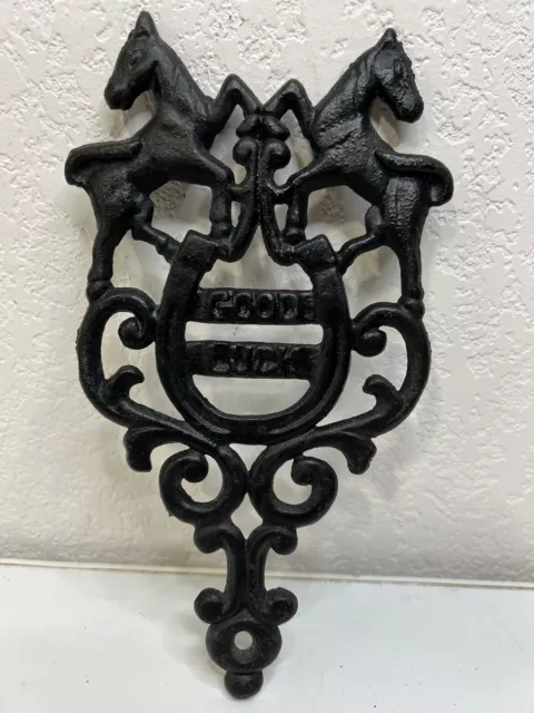 Vintage Cast Iron Trivet Wall Decor 2 Horses Good Luck Horseshoe Apprx 8" x 4.5"