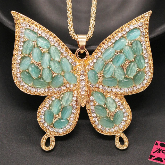 New Betsey Johnson Blue Opal Cute Butterfly Crystal Pendant Chain Necklace