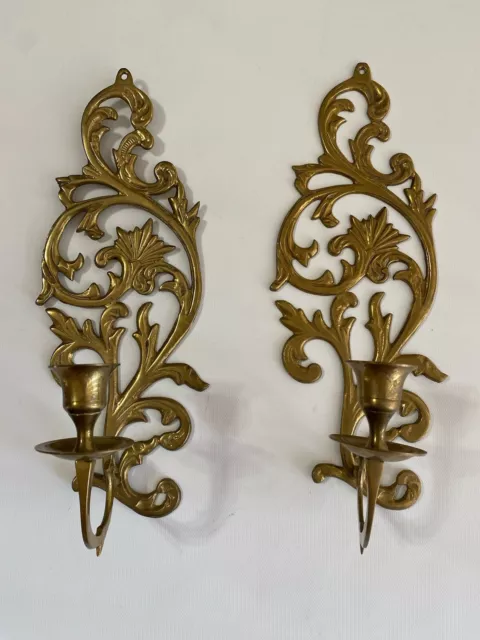 Vtg Pair Of Light Gold Tone Wall Brass Sconces Candle Holder Ornate Decor