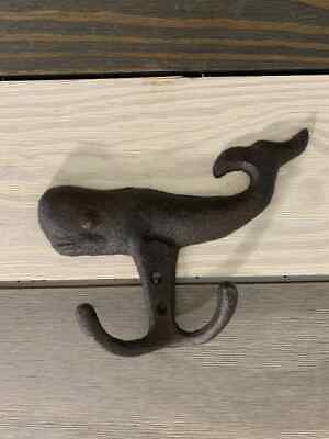 Antique Cast Iron Wall Hooks Brown Fish Whale Coat Hat Towel Hangings Rustic