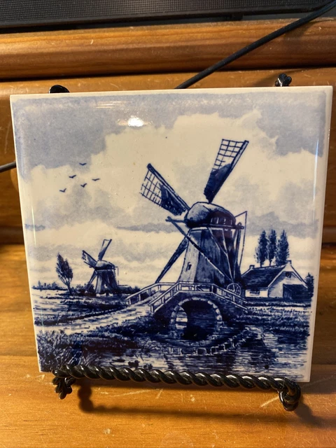 Vintage Antique Belgium Holland Blue Delft Wind Mill Tile 4.25”