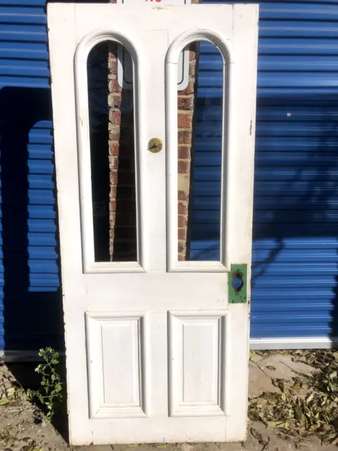 34x78” Antique Tombstone Glass Entry Door with Brass Mechanical Doorbell