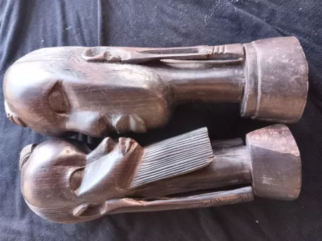 2 Hand Carved Genuine Ebony Nat Sculpture Head Statue by Makonde Tribe Tanzania