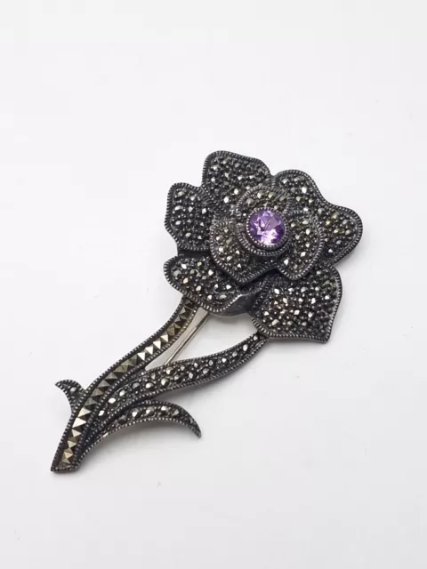 925 Sterling Silver Judith Jack Art Deco Flower Brooch w/ Amethyst & Marcasite