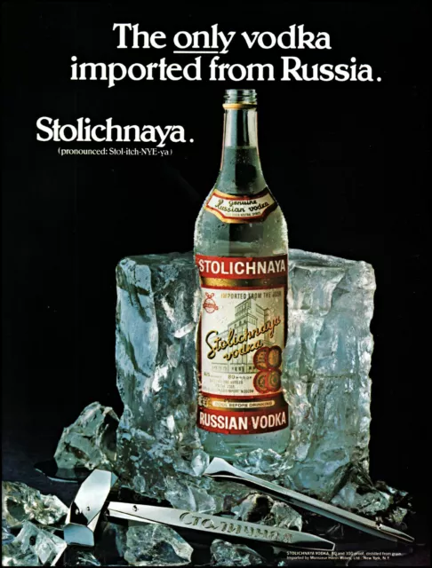 1978 Stolichnaya Russian Vodka bottle in ice block vintage photo print ad ads68