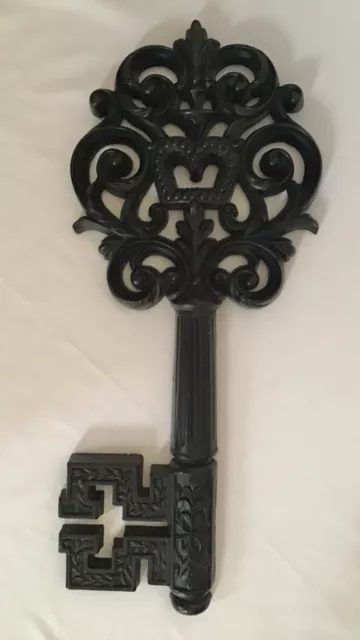 Black Key Wall Plaque 18”x7.5” MCM Style Fleur de lis & Crown Decorative Design