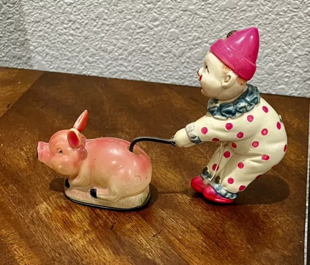 Vintage Celluloid Occupied Japan Clown & Pig Wind-Up Toy 1940s