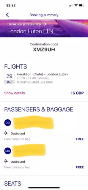 Wizzair one way flight Heraklion to Luton, October 29th, 2 people Wizzair one way flight Heraklion to Luton, October 29th, 2 people