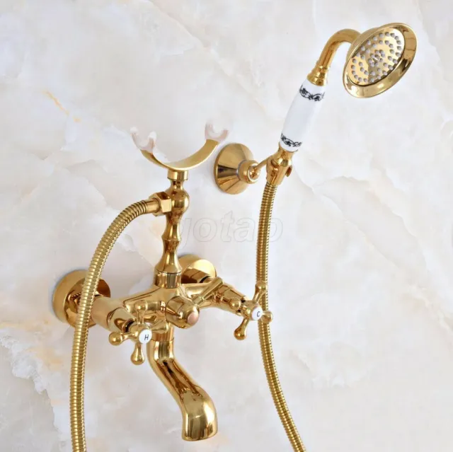 Gold Brass Claw-foot Bathtub Faucet Wall Mounted Tub Faucet with Handheld Shower