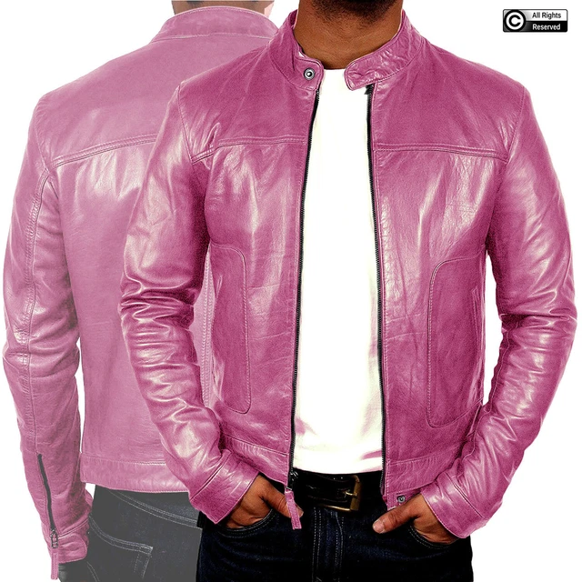 Men pink clearance leather jacket
