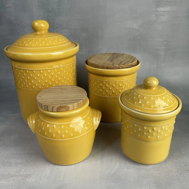 Lot De 5 Pièces De Cuisine Geneviève Lethu – Jaune Motif Grain De Riz, Faïence, Vintage 1984