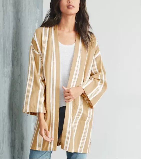 Eileen Fisher Striped Organic Cotton open Long Line boho Kimono Cardigan M