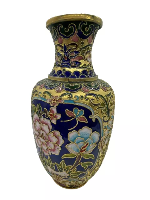 Fine Old Chinese Cloisonne Over Brass Enamel Vase Floral Pattern 8" Asian Decor