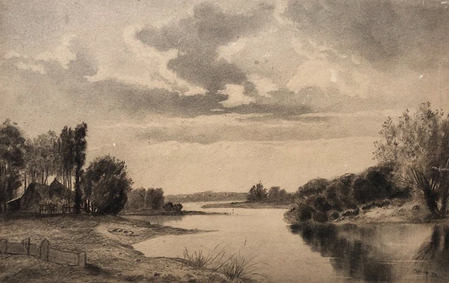 Dessin Original XIXe Siècle – Flusstal Mit Auenlandschaft (vallée Fluviale), école Romantique Allemande – 15,3 X 22,3 Cm