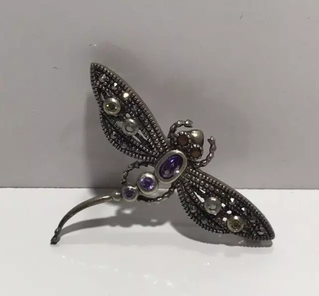 Vintage 925 Sterling Silver￼ Multi Gemstones Dragonfly Brooch Pin