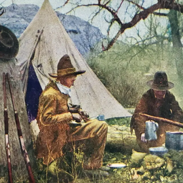 Cowboys Eating Camp Meal Stereoview c1905 Hunting Rifle Tent Camping West C1176