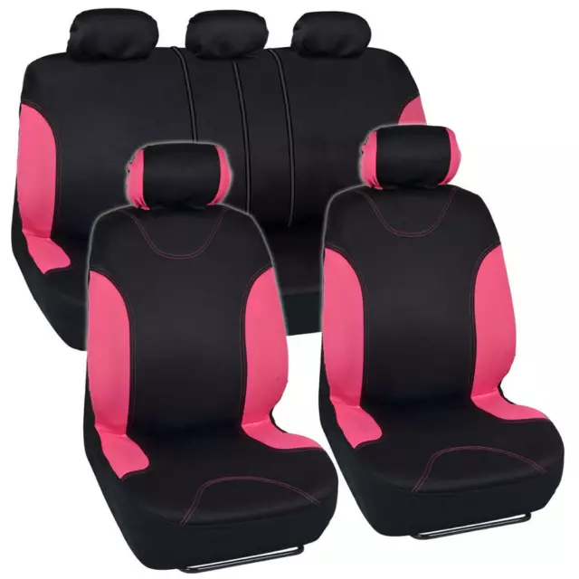 Full Car Seat Cover Set Pink/Black Split Bench w/Headrest Covers Sedan Truck SUV